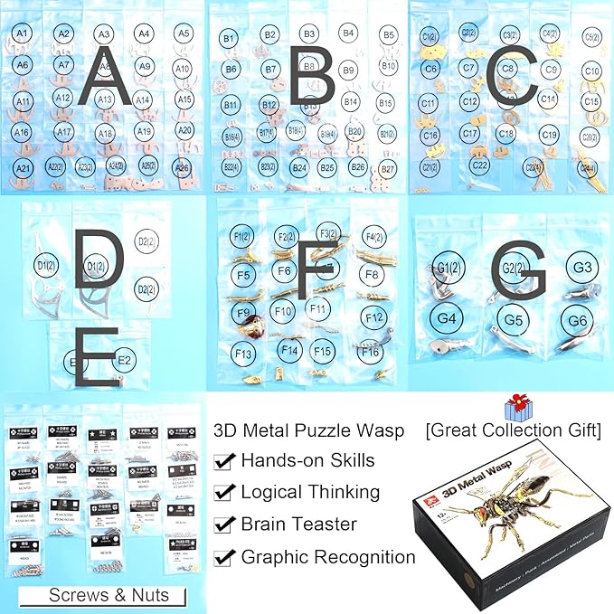 OreilleStar 3D Metal Puzzles for Adults, Model Kits of Northern Giant Hornet, Mechanical Wasp Building Blocks, Difficult DIY Assembly, Men's Birthday Gifts (3D Metal Wasp-Silver Black)