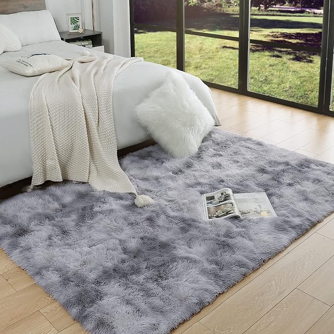 AROGAN Soft Rainbow Area Rugs for Girls Room 4x6 Feet, Fluffy Girls Bedroom Rugs, Princess Rug, Cute Colorful Carpet for Kids Teens Nursery Toddler, Grey