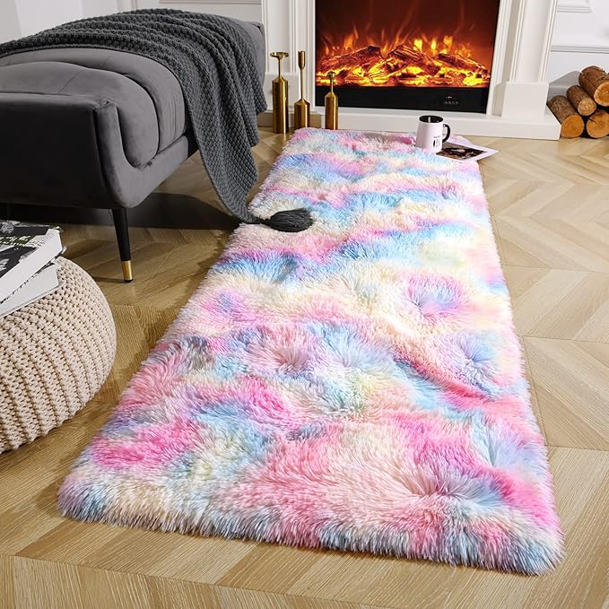 Ompaa Soft Fluffy Rainbow Runner Rug for Girls Bedroom Carpets, Kawaii Tie Dye Kids Rugs for Teens Unicorn Dorm Aesthetic, Pastel Shaggy Nursery Area Rug for Baby Princess Room, 2x4 Feet