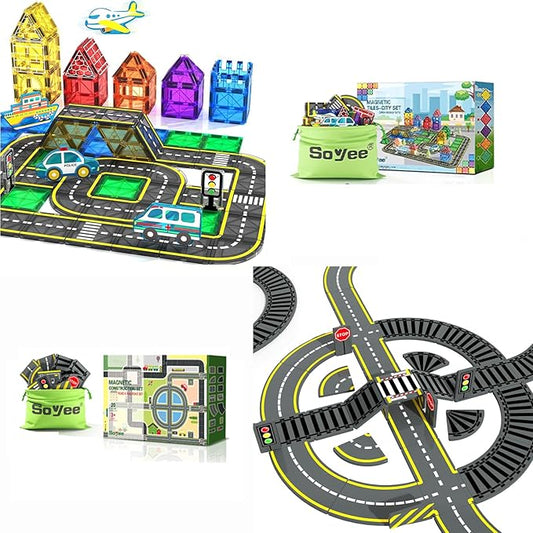 Magnetic Tiles Road Cars Toys Magnetic Building Blocks Boys Toys Road & Train Track Expansion Pack Magnetic Building Blocks Construction Toys Kids Toys for Ages 3-12 Boys Girls Building Toy