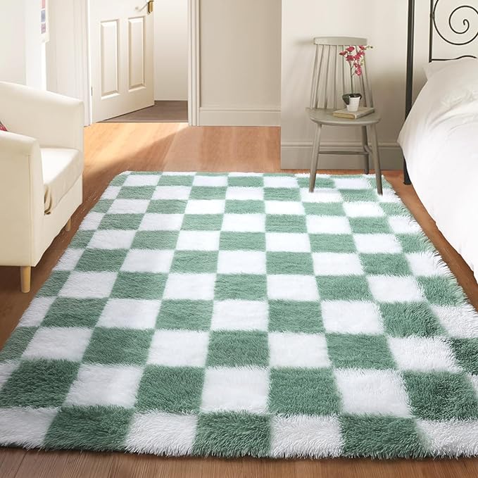 KICMOR Rugs for Bedroom Living Room, 3x5 Fluffy Soft Checkered Shag Area Rug Fuzzy Shaggy Plush Bedside Small Carpet, Sage Green and White Rug for Kids Boys Girls Dorm Nursery Home Decor Aesthetic