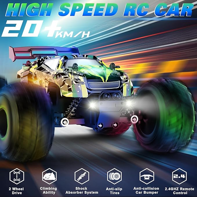 Remote Control Car, RC Cars Toys for Boys 5-7, Off Road Kids Toys for Girls, 2.4Ghz 20 KM/H Monster Truck Toys Cars Gifts for 6 Year Old Girl, RC Truck with Car Body Lights & Headlights