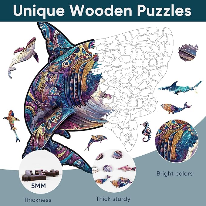 Wooden Puzzles for Adults, Shark Jigsaw Puzzles 200 Pieces, Unique Shape Puzzles with Wooden Box, 11.3 x 11.3 Inches Medium Size Family Game Gift, Fun Challenging Puzzles for Adults and Kids