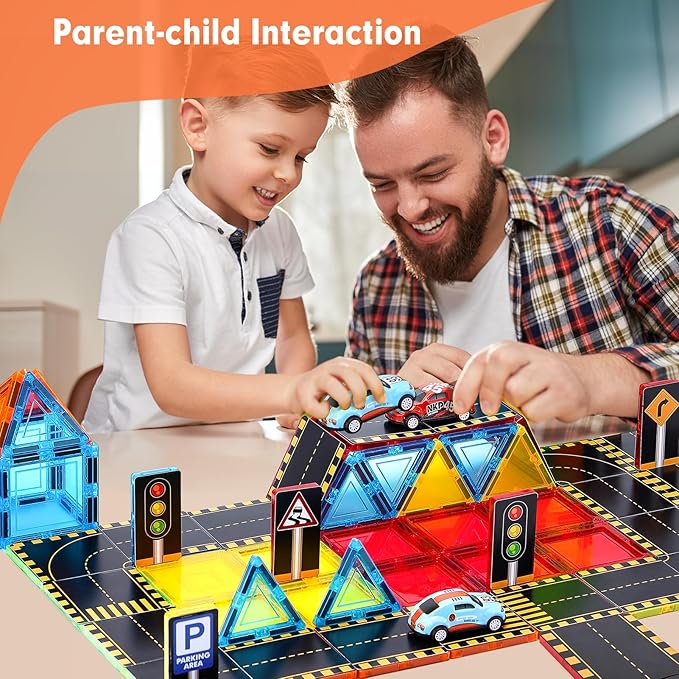 hahaland Magnetic Tiles Road Set - Magnetic Construction Toys with Cars for Ages 3-5 Toddlers Kids Preschool Montessori Toys for 3 4 5 6 7 Year Old Boys Girls Easter Birthday Gifts