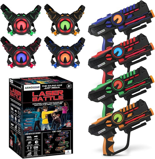 ArmoGear Laser Tag Guns with Vests Set of 4 - Multiplayer Outdoor Games for Kids and Adults - Kids Toys for Indoor/Outdoor Fun - Toy Guns for Boys and Girls - Family Game Set - Ideal Gift for Ages 8+