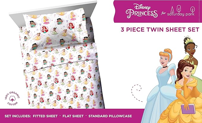 Saturday Park Disney Princess Besties Twin Sheet Set - 3 Piece 100% Organic Cotton Sheets - GOTS & Oeko-TEX Certified (Disney Official)