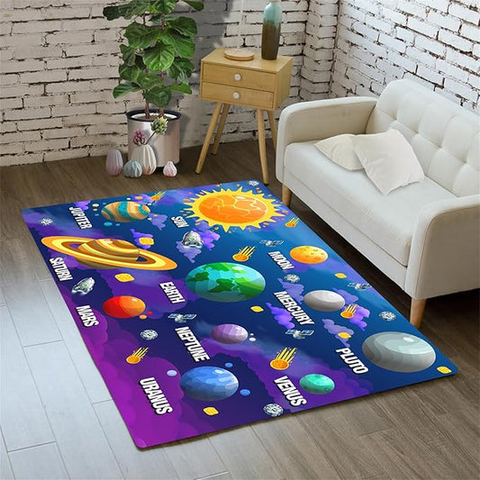 Outer Space Rugs Small Size Universe Solar System Planet Theme Carpets Kids Rugs for Playroom Educational Learning Area Rug for Living Room Bedroom Indoor Crystal Polyester Floor Sofa Mats, 2'×3'