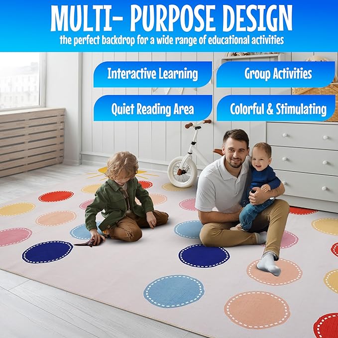 Hudson Comfort Classroom Rug 8x10 - Rugs for Elementary, Daycare, Nursery, and Playroom - Super Soft Non-Slip Carpet - Kids Fun Floor Mat for Playtime (Rainbow)