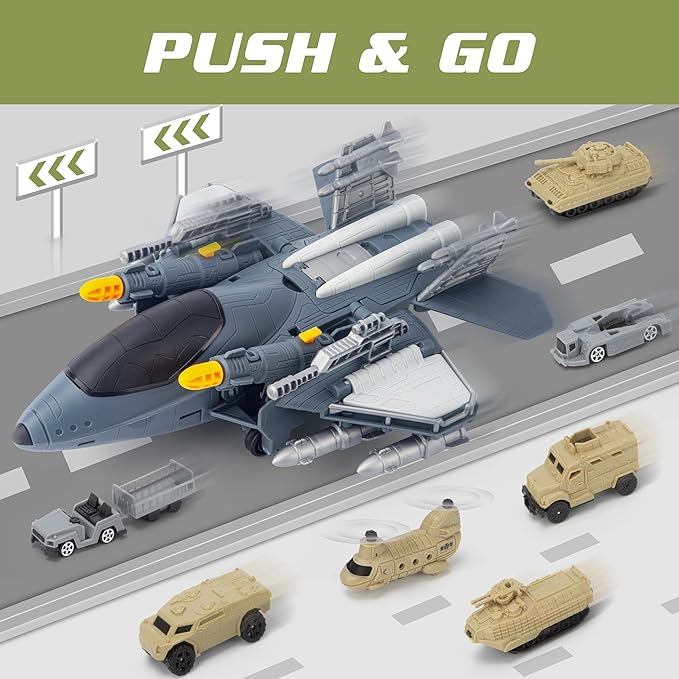 Military Fighter Jet Toys, Army Airplane Toys with 7 Vehicles Trucks Helicopter Army Men, Decorate & Launch The Missile, Birthday for Boys Girls