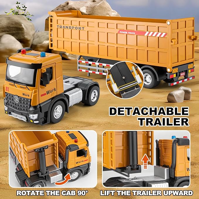 Dump Truck Toy for 3 4 5 6 7 Years Old Boys, Large Semi Truck with Metal Cab, Lights and Sounds, Friction Powered Tractor Trailer Car, Kids Birthday Gifts for Over 3 Years Old Boys Kids 16.5"