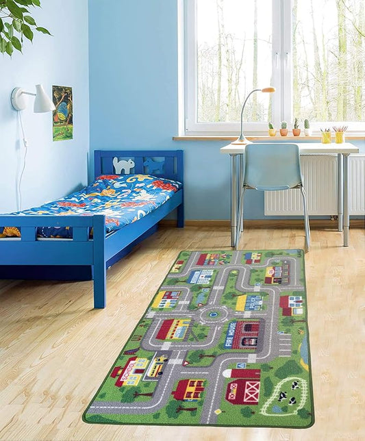 HUAHOO City Street Map Kids' Rug with Roads Kids Rug Play mat with School Hospital Station Bank Hotel Book Store Government Workshop Farm for Boy Girl Nursery Bedroom Playroom Classroom (47" X 31.5")