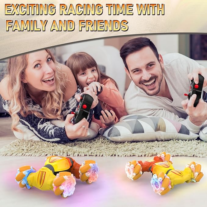 Gesture Sensor RC Cars, Hand Controlled Stunt Remote Control Car Toys for 6-12 yr Kids Boys, 2.4GHz 4WD Double Sided RC Twist Car with Lights Music, Birthday Xmas Gifts for Boys Girls, Yellow