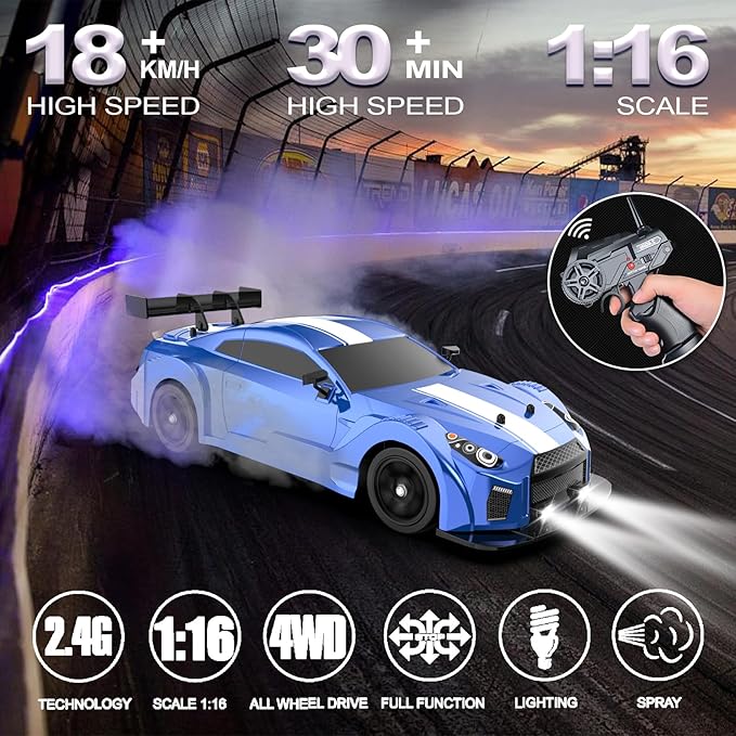 Remote Control Car RC Drift Car 1:16 Scale 4WD 18KM/H High Speed Model Vehicle 2.4GHz with LED Lights Spray Rubber Tire Racing Sport Toy for Adults Boys Girls Kids Gift 2Pcs Rechargeable Batteries