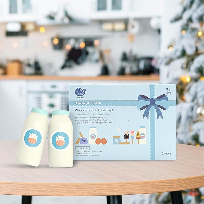 Pillowahle Wooden Play Food for Kids Kitchen, Play Kitchen Accessories, Toy Food Fake Milk, Yogurt, Egg, Ice Cream, Birthday Gift for Boys & Girls 3+