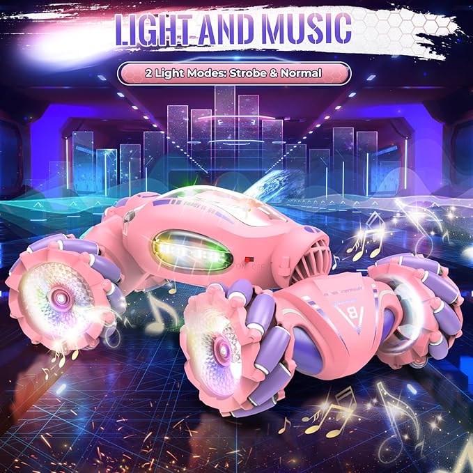 Pink Remote Control Car Toys Gifts for Girls 6-12, with Light & Music & Spray, 2.4Ghz 4WD Double-Sided 360° Rotating Gesture Sensing RC Stunt Car, Birthday for Girls Kids