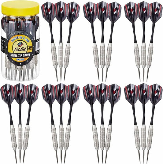 Fat Cat Darts Set in a Jar: Steel Tip Darts with Storage/Travel Container, 20 Grams (Pack of 15, 21 and 27 Darts)