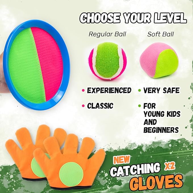 Toss and Catch Ball Set,Outdoor Games,Beach Games,Backyard Games,Lawn Games,Paddle Ball and Catch Game,Gifts for Kids/Adults/Family (6 Paddles,4 Balls/Catching Gloves/Carrying Bag)