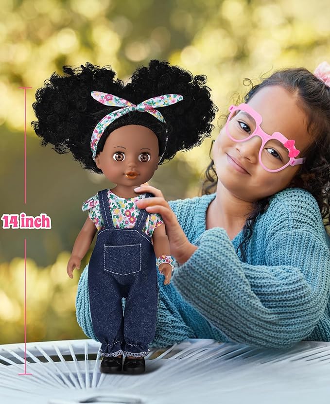 GAGAKU Black Doll for Girls, 14" Black Baby Dolls Set for Toddlers Kids 2 3 4 5 6 Years Old, Black Girl Baby Doll with Natural Hair, Including Doll Clothes Accessories