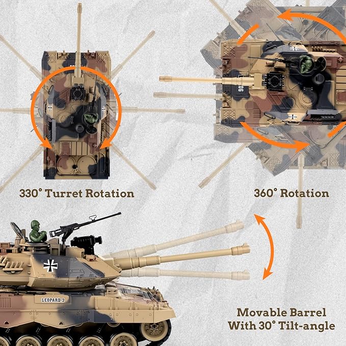 1:18 RC Tank, 2.4Ghz German Leopard II Remote Control Model Toys, RC Vehicle Tank That Shoots BBS and Water Bombs for Adults and Kids, Military Army Toys with Smoke, Lights, Sound and Recoil