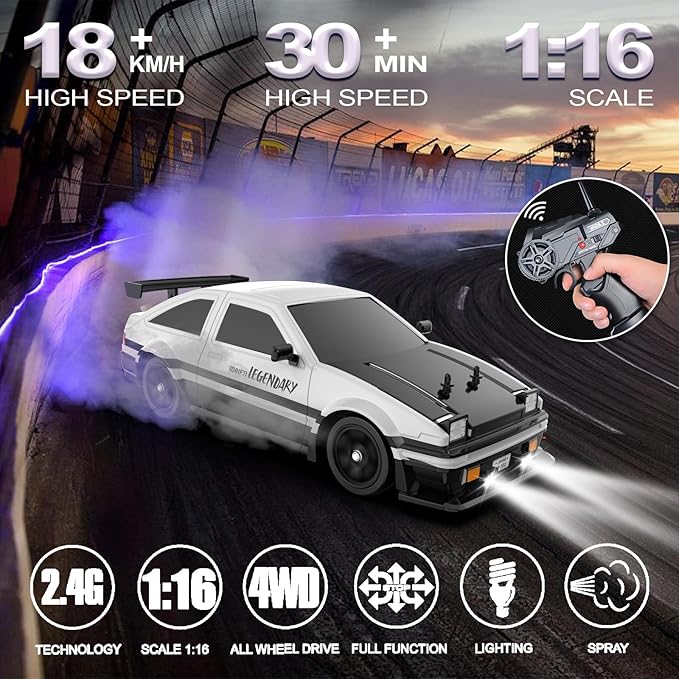 Remote Control Car RC Drift Car 1:16 Scale 4WD 18KM/H High Speed Model Vehicle 2.4GHz with LED Lights Spray Rubber Tire Racing Sport Toy for Adults Boys Girls Kids Gift 2Pcs Rechargeable Batteries
