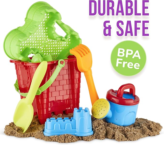 Click N' Play Toddler Beach Toys for Kids 3-10 - 13 Piece Sand Toys Including Sand Bucket, Watering Can, Rake, Shovel, 9 Sand Molds, and Mesh Beach Toy Bag - Beach Sandbox Toys for Toddlers & Kids