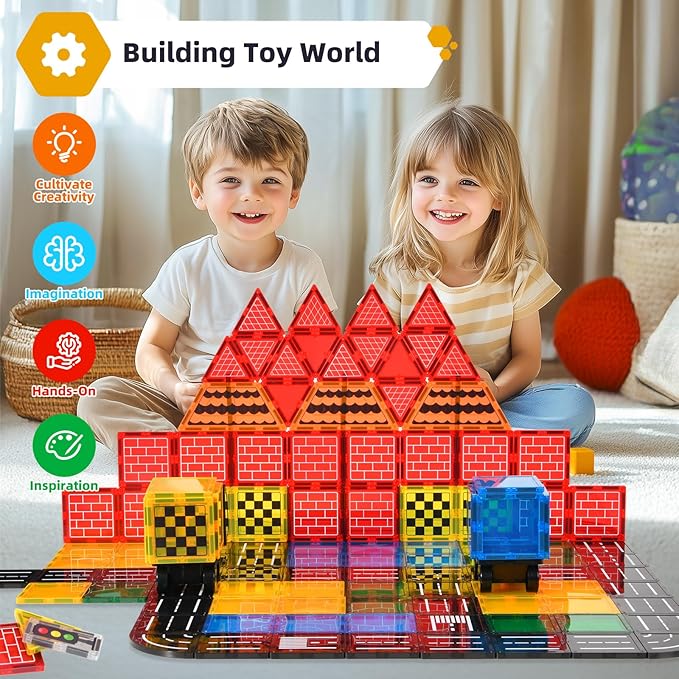 Magnetic Tiles Road Set - City Construction Building Toys, Magnetic Blocks with Extendable Crane and Car,Kids Toys for Boys & Girls Ages 3+, Creative Kids Games Gifts
