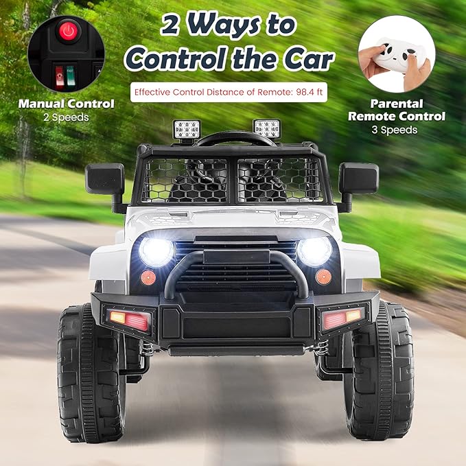 Costzon Ride on Car, 12V Battery Powered Truck Vehicle with Remote Control, Spring Suspension, Headlights, Music, Horn, MP3, USB & Aux Port, Gift for Boys Girls, Electric Car for Kids (White)