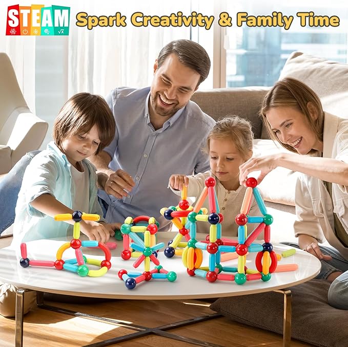 64PCS Magnetic Building Blocks - Montessori Sensory Toys with Stronger Magnets, STEM Learning Toys for Kids, Creative Construction DIY Kit Gift for Boys & Girls