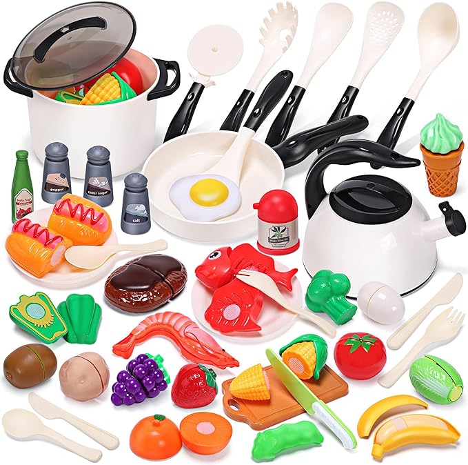 CUTE STONE Play Kitchen Accessories Toy, Play Food Sets for Kids Kitchen, Pretend Kitchen Set for Kids with Play Pots, Pans, Toddler Kitchen Playset Kitchen Toys for Girls Boys