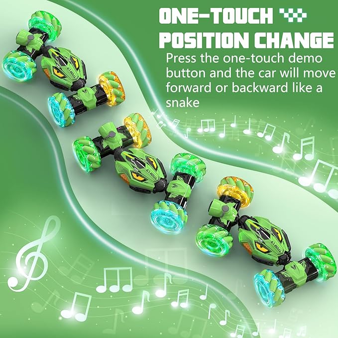 Gesture Sensing RC Stunt Cars - Toys for Boys Girls 6-12 | Best Gifts for Kids 6-12 Years Old | 4WD 360° Rotating Remote Control Transform Car | All-Terrain Off Road Vehicle with Lights Music Green