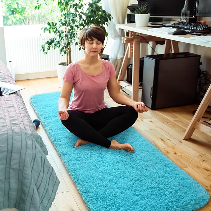 Amearea Shag Fluffy Runner Rug for Bedroom Girls Living Room, 2x6 Feet Extra Soft and Fuzzy Shaggy Rugs, Non Slip, Indoor Floor Long Carpet Mat for Boys Nursery Home Decor, Blue