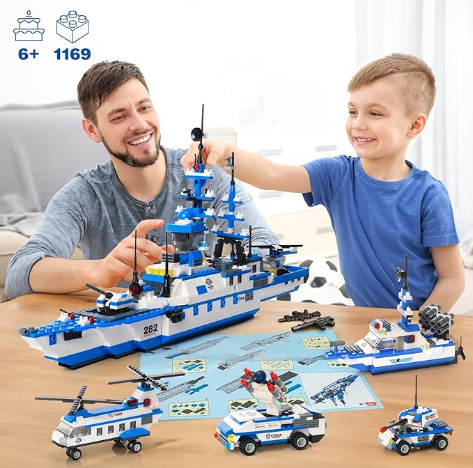 WishaLife 1169 Pieces City Police Station Building Kit, 6 in 1 Military Battleship Building Toy, with Police Cars, Boat, Airplane, Best STEM Construction Toy Gift for Boys and Girls 6-12