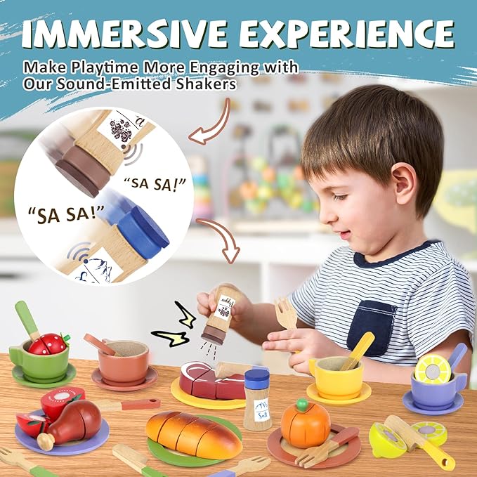 Wooden Play Dishes and Plates for Kids Kitchen Set Accessories for Toddlers 1-3 Cooking Toys Tea Cups for Kids Kitchen Birthday Gift for 3 4 5 Year Old Boys Girls