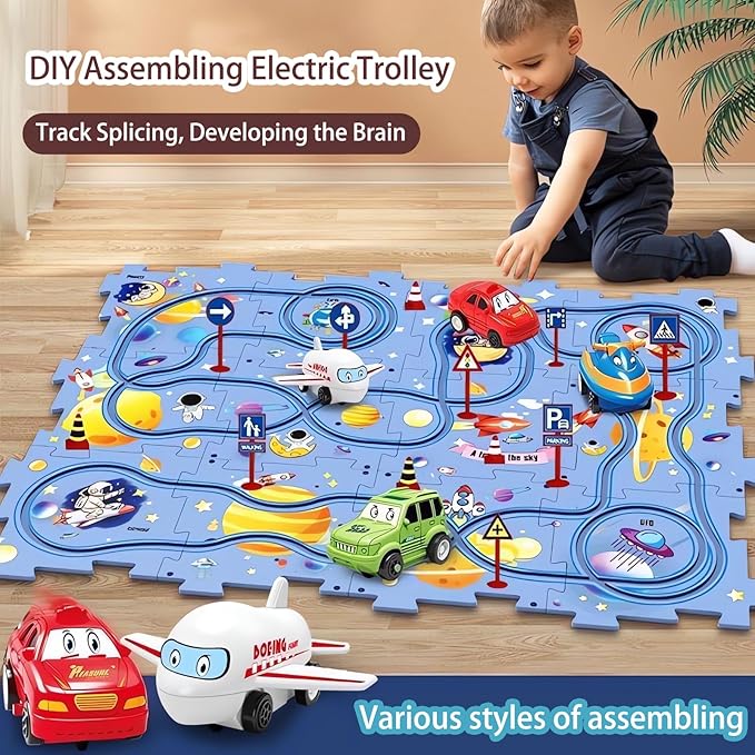 4 Year Old Boy Birthday Gift, Puzzle Racer Kids Car Track Set Puzzle Racer Car Track Set with Roadmap Puzzle Track Car Play Set Toys for 4 Year Old Boys (B-Ocean, set2-15PCS)