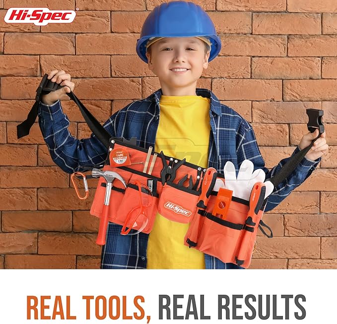 Hi-Spec 16pc Orange Kids Tool Kit Set & Child Size Tool Belt. Real Kit for DIY Building, Woodwork & Construction Learning for Kids