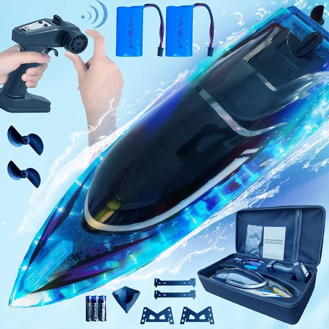RC Boat with 2 Rechargeable Battery, 30+ MPH Fast Remote Control Boat with Storage Package, 2.4G Large RC Electric Boats Pool and Lakes Toys with LED Lights for Adults and Kid