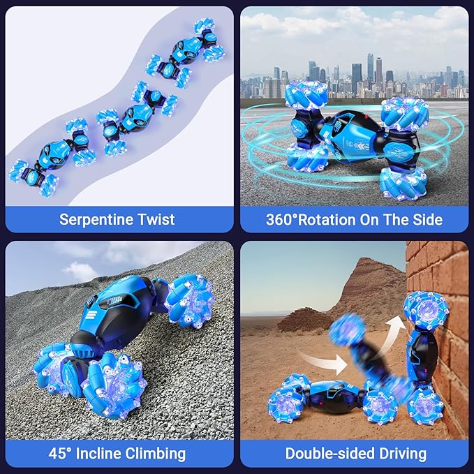 Powerextra RC Stunt Car Toys for 6-12 Year Old Kids - 4WD Remote Control Car - Gesture Sensor - Double Sided Rotating RC Car - Lights, Music - Perfect for Boys & Girls' Birthday