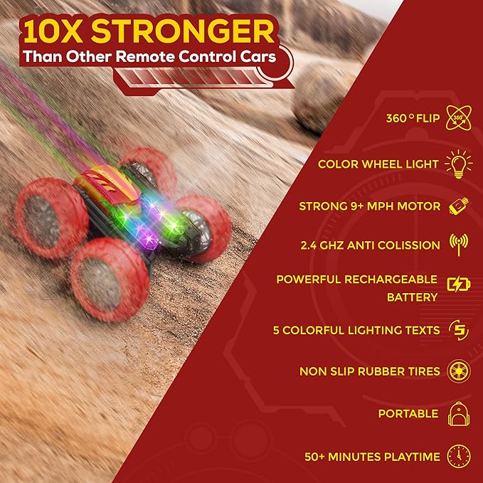 TETON ELECTRONICS RC Car Stunt Car Marvel Avengers Iron Man Inspired 360° Rolling Remote Control Monster Truck Toys All Terrain 4WD RC with Lights, Rechargeable Big Wheels