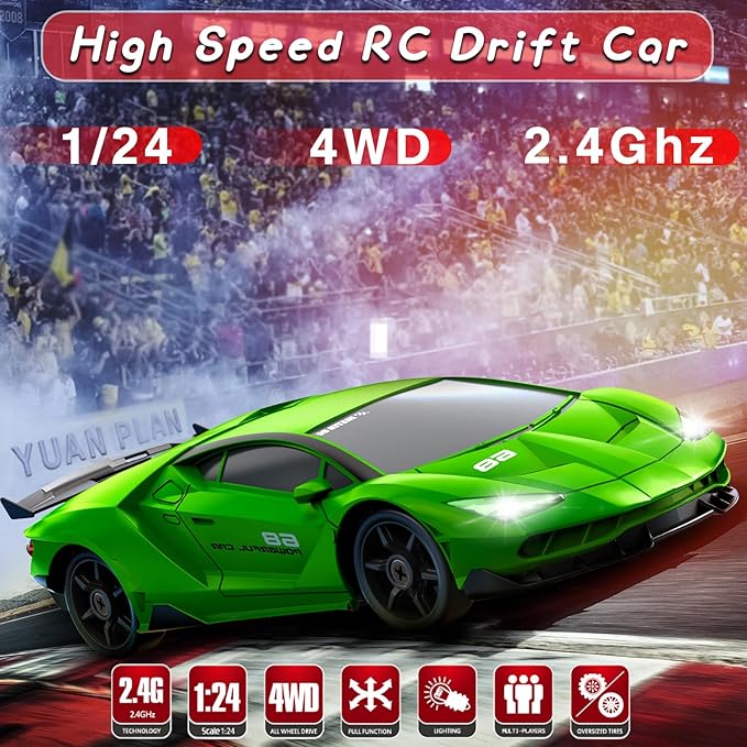 Remote Control Car, 1/24 2.4GHz 4WD RC Drift Cars High Speed Racing Car with 2 Rechargeable Batteries Extra Tires Toy Car RC Cars for Adults Boys