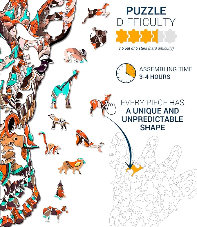Animal Wooden Jigsaw Puzzles for Kids (12+ Years) Adult, Teens, Family; Animal Majestic Shaped Natural Wood Puzzle, Expert Level, 6.3x12 in. (16x30 cm), 80 pcs, S - Size – Giraffe