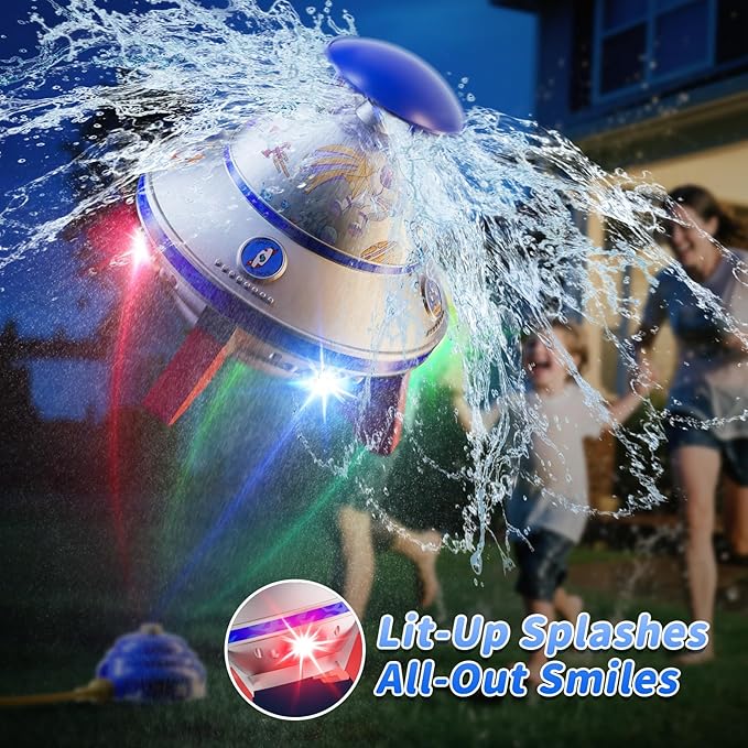 UFO Water Sprinkler for Kids, Water Rocket Toy Outdoor Summer Play W/Light & Spin, Adjustable Height Water Launcher, DIY Space Sticker, Backyard Lawn Gift for Girls Boys 3-12 Year Old Blue