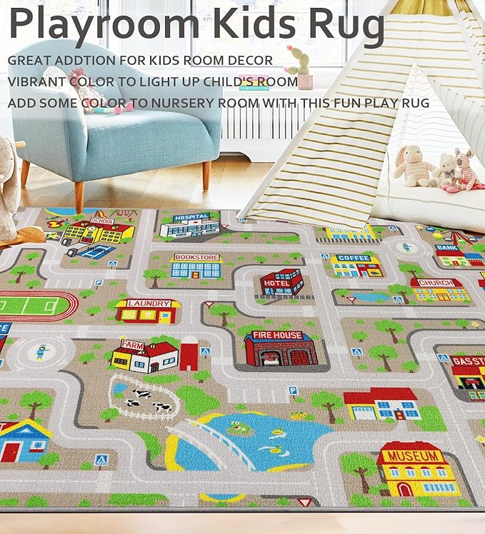 Educational Road Traffic Carpet Kids Carpet Playmat Car Rug Fun City Life Map Kids Car Rug Non Slip Play Carpet for Children Playroom Bedroom Classroom Decor (Tan, 5'0''x6'6'')