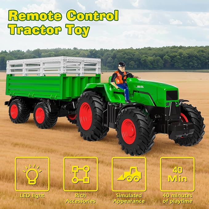 Remote Control Tractor Toys, RC Tractor Toys for Kids 3-5 & 5-7, Farm Animal Toys Set with Front Loader and Light, Farm Vehicle Toy Tractor Toy, Tractors for Kids Ages 4-8 Boys Girls Gift…