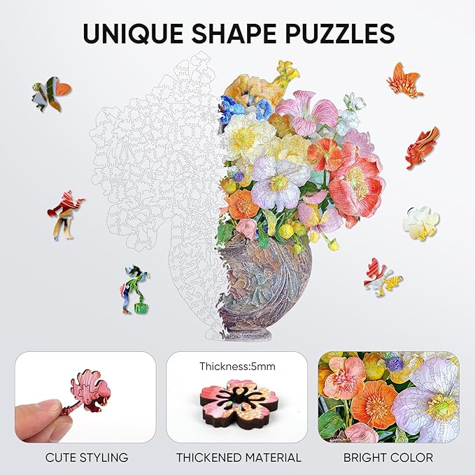 Flower Wooden Puzzles for Adults, 500 Pieces Vase Jigsaw Puzzles, Unique Shaped Medium Size Liberty Wood Puzzle Birthday Gift for Mom Adults and Kids, Family Game 17.5'' x 17''