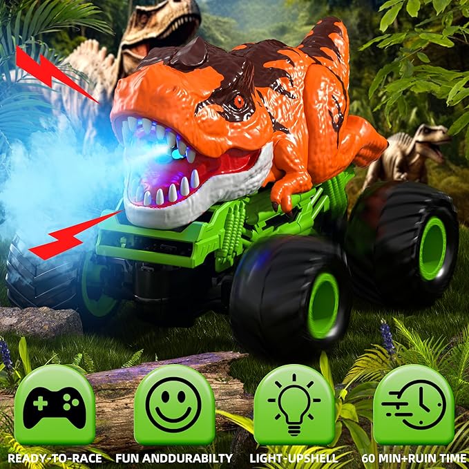 Remote Control Dinosaur Car for Boys Kids, 2.4Ghz RC Dinosaur Truck for Toddlers, Electric Hobby RC Car Toys with Light & Sound Spray Christmas Birthday for 3 4 5 6 7 8 Year olds Kids Boys