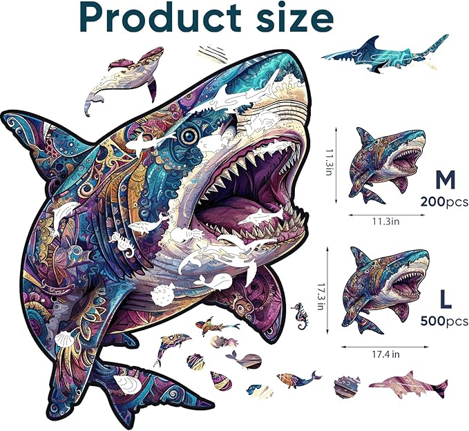 Wooden Puzzles for Adults, Shark Jigsaw Puzzles 500 Pieces, Unique Shape Puzzles with Wooden Box, 17.3 x 17.4 Inches Royal Size Family Game Gift, Fun Challenging Puzzles for Adults and Kids