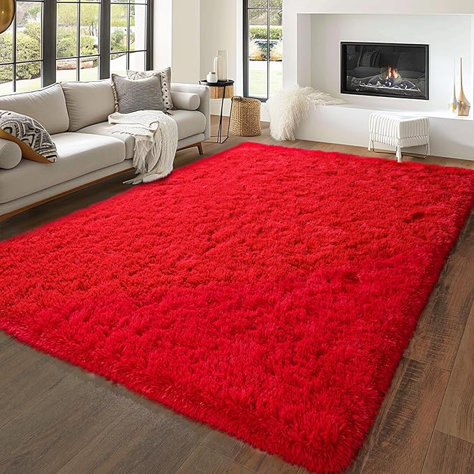 Super Fluffy Rug for Bedroom, 6x9 Feet, Modern Shag Red Area Rugs, Soft and Cozy Plush Large Carpet for Kids, Girls Boys and Teens Decorations for Living Room Dorm Nursery Classroom, Red