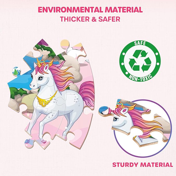 SYNARRY Unicorn Princess Mermaid Fairy Floor Puzzle for Kids Ages 3-5, Large 70 Piece Wooden Puzzle for Kids Ages 4-6, Preschool Toys Gifts for 3 4 5 6 7 8 Years Old Boys Girls Children