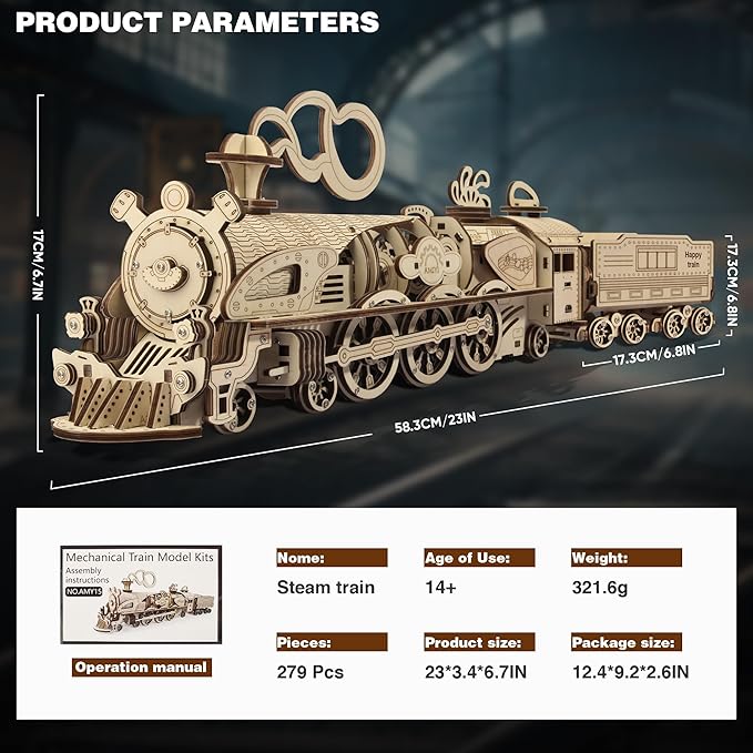 Fuiltee 3D Wooden Puzzles for Adults, DIY Mechanical Train Model Kit, Movable Model Train, Removable Carriages, Unique Gift for 14+ Teens and Adults (279Pcs)
