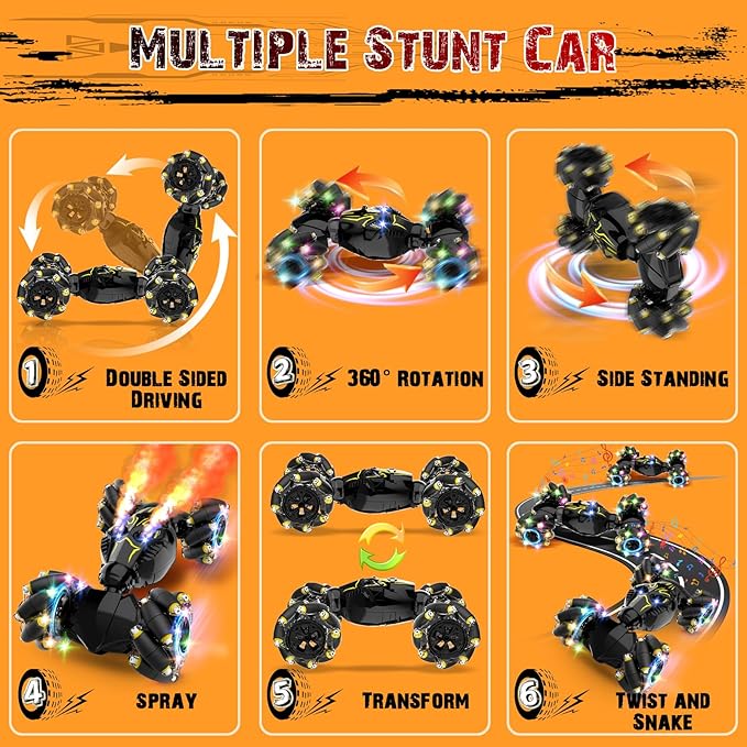 Remote Control Stunt Car Toys: Christmas Birthday Gifts for Boys Toys Ages 6-12 - 2.4Ghz Gesture Sensing Remote Control Cars with Light and Music Spray - 8WD Drift 360° Rotating RC Car for 7-14 Kids